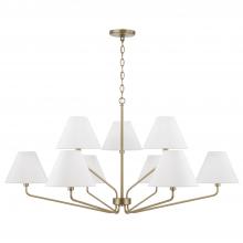  456691AD-714 - 9-Light Angular Two-Tier Chandelier in Aged Brass with Tapered White Fabric Shades