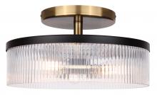  ISF1143A03BKG - JENNER 15 in. 3-Light 60-Watt Contemporary Matte Black and Gold Semi-Flush Mount with Clear Ribbed G