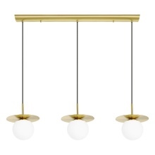 Eglo 39953A - 3 LT Linear Pendant w/ Brushed Brass Finish & White Opal Glass Shades