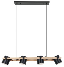 Eglo 43424A - 4 LT Linear Pendant w/ Black & Wood Finish & Black w/ White Shades